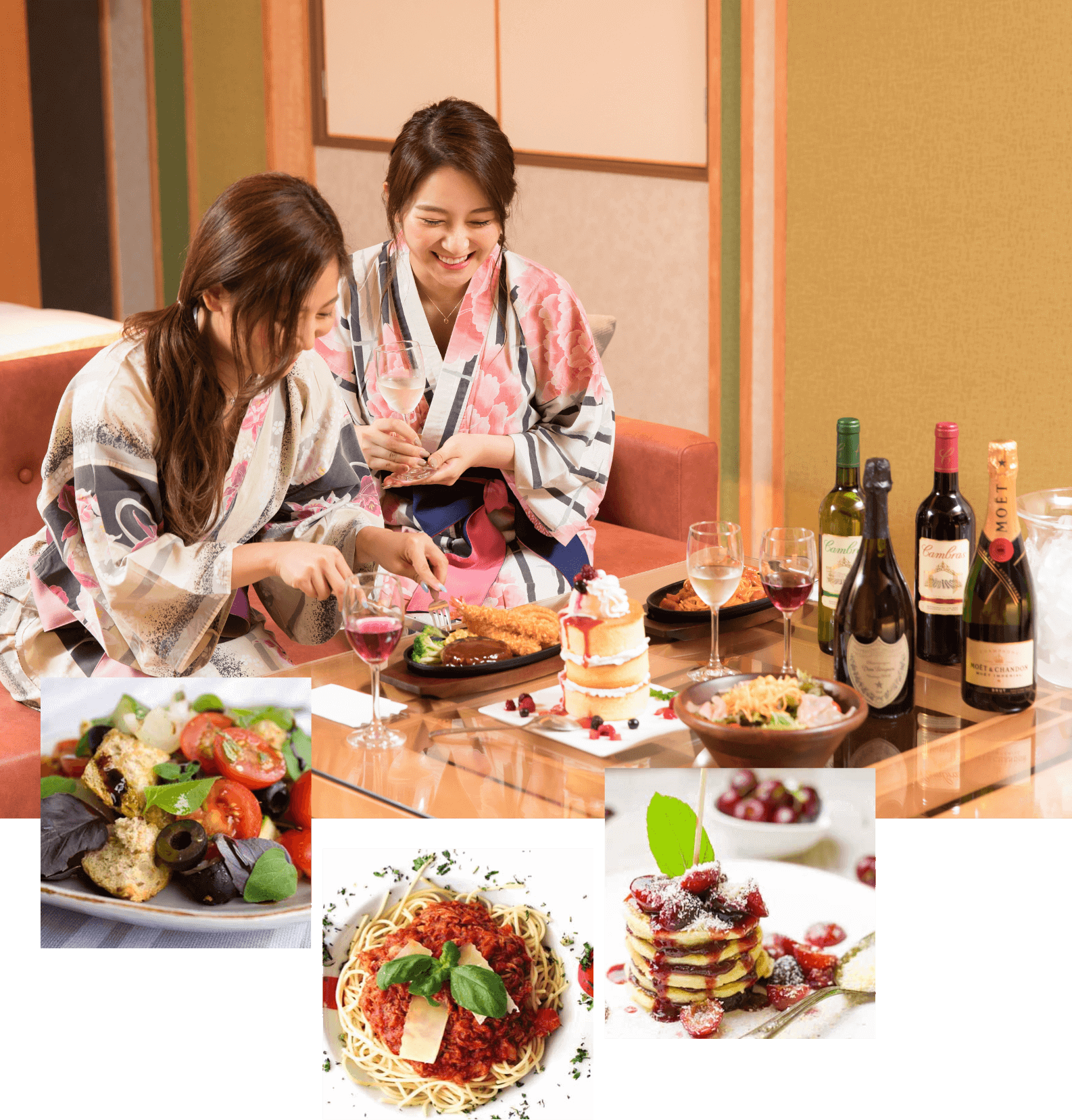 ホテル自慢のお料理お食事はもちろん、お酒・デザートの他、季節メニューも充実