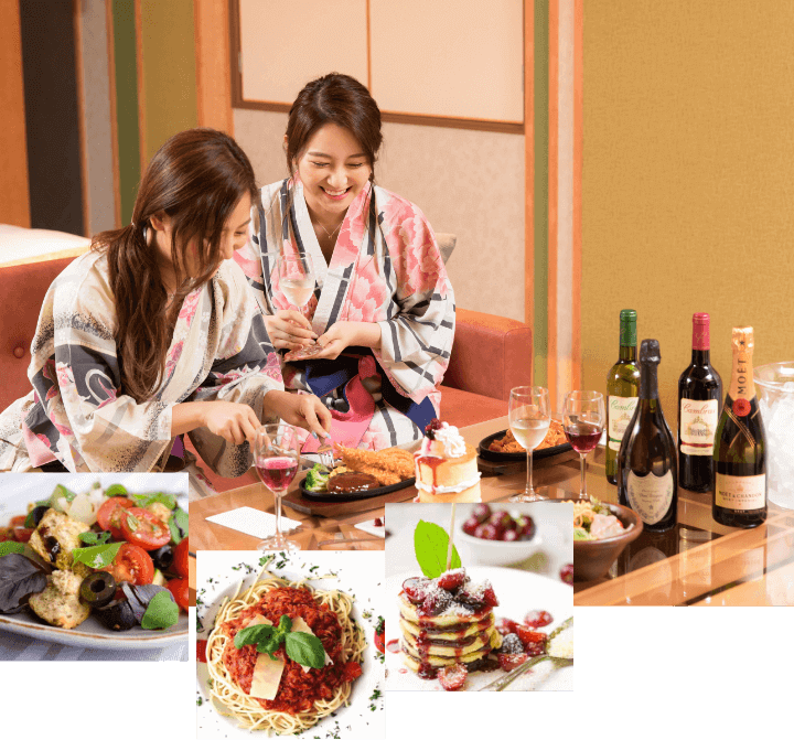 ホテル自慢のお料理お食事はもちろん、お酒・デザートの他、季節メニューも充実